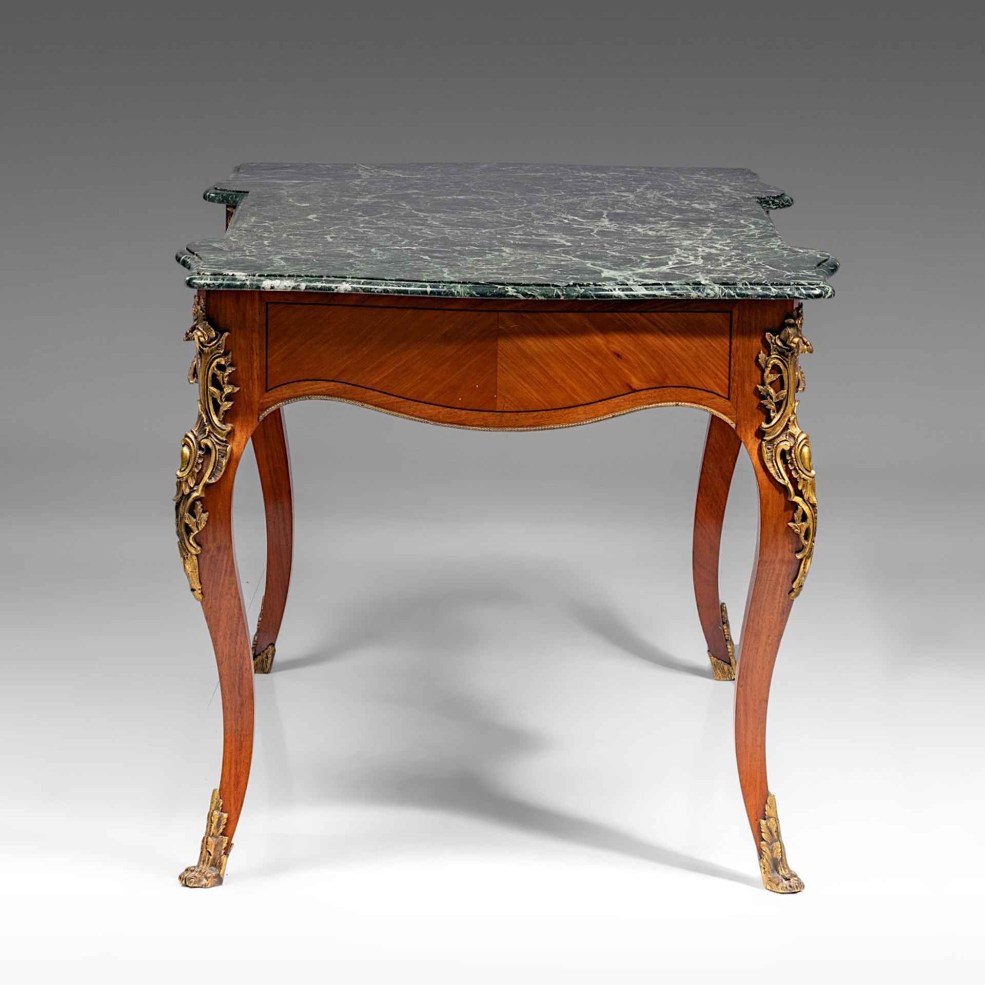 A Louis XV style 'bureau plat', with gilt bronze mounts and vert de mer marble top, H 76 - W 138 - D - Image 5 of 8