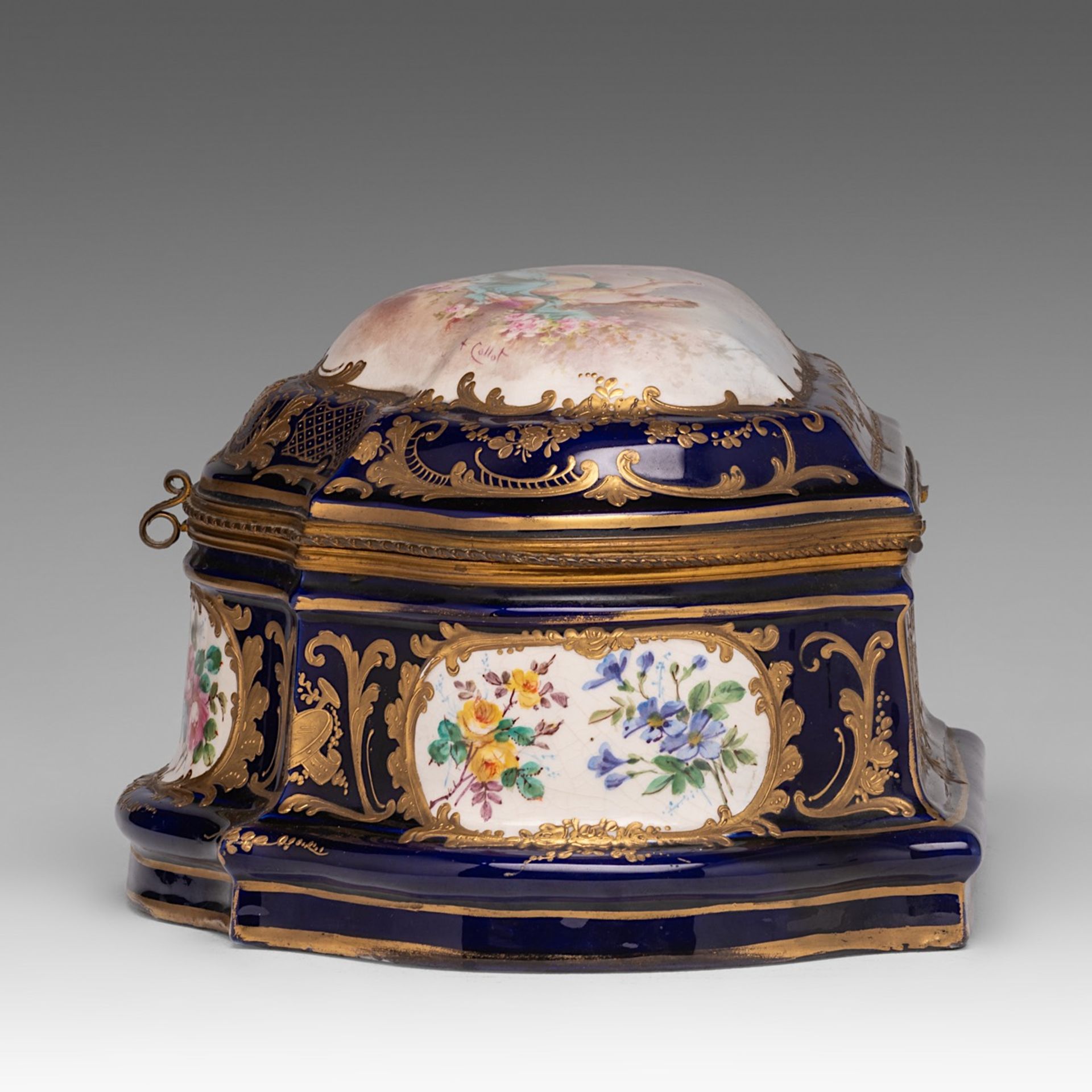 A fine bleu royale ground Sevres box with gilt decoration and hand-painted roundels, signed A. Collo - Image 3 of 12