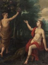 Two female Antique figures in a wooded landscape, Antwerp School, 17thC, oil on copper 21 x 16 cm. (
