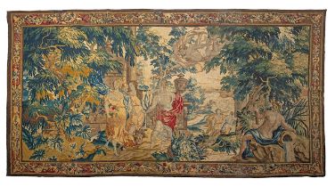 A 17th/18thC Flemish wall tapestry, 'The love of Mercury and Herse', H 239 - W 455 cm
