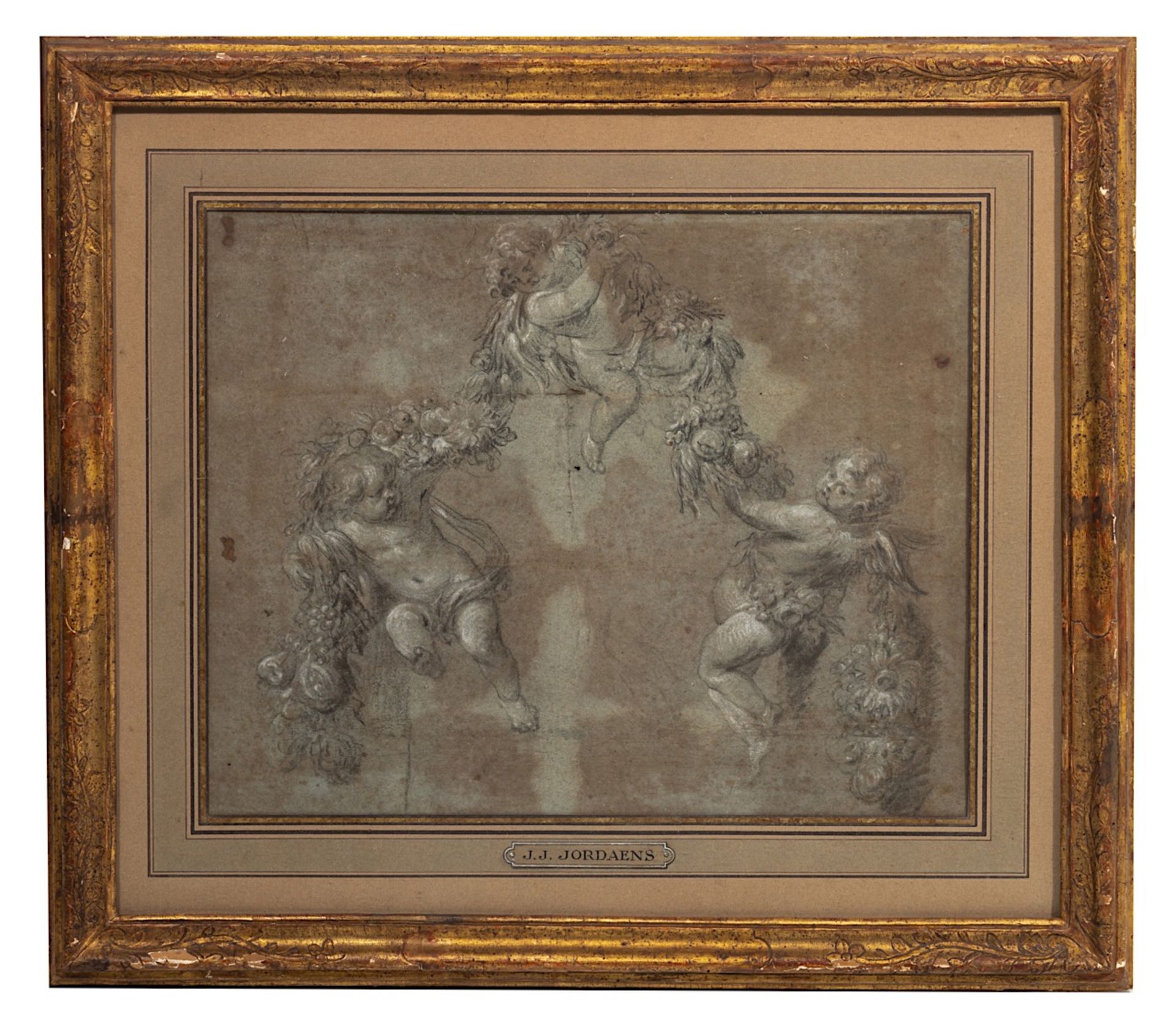 Attrib. to or circle of Jacob Jordaens (1593-1678), study of putti presenting a flower garland, char - Image 2 of 3