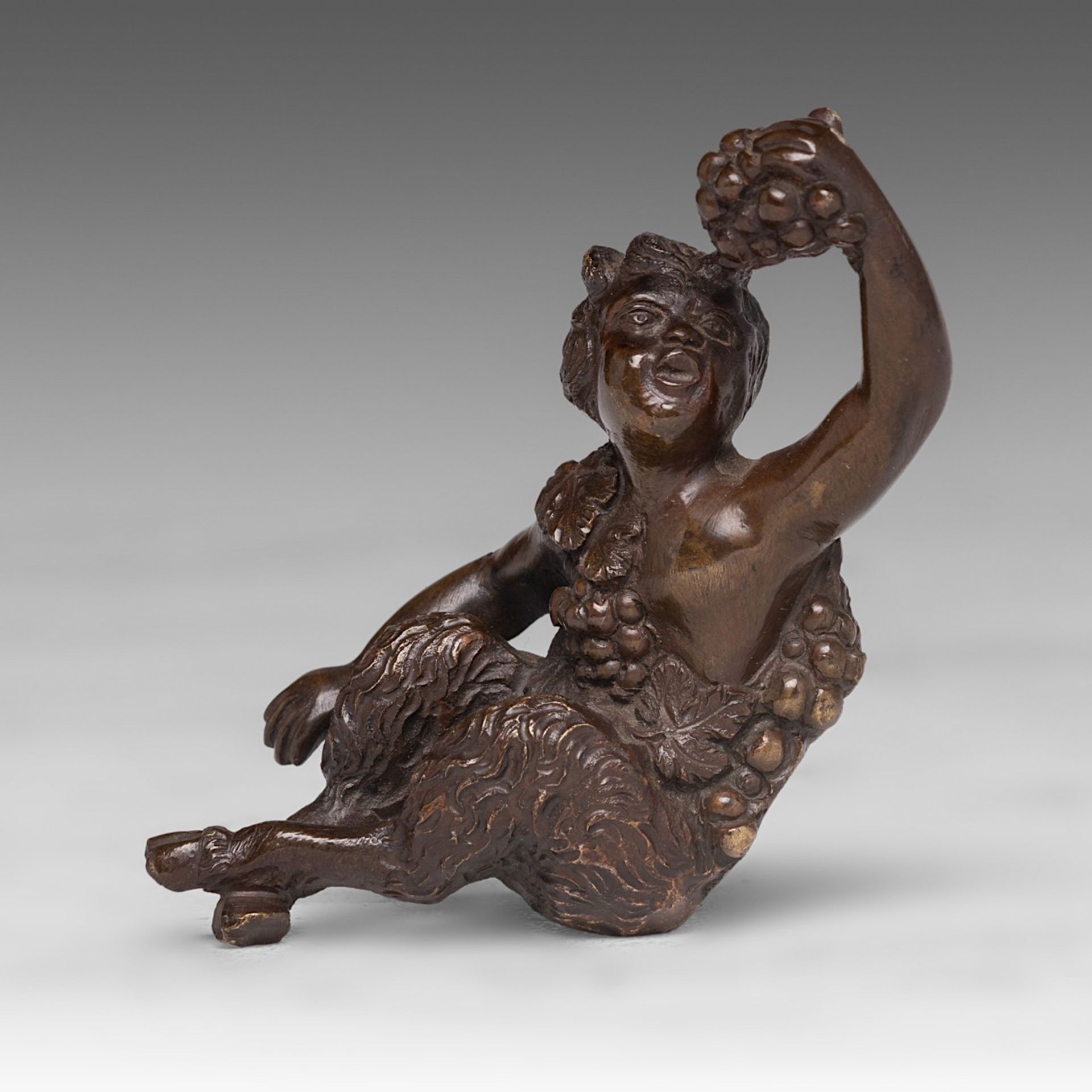 A possibly 16th / early 17thC bronze panpipe playing Pan sitting astride an urn with a young assista - Image 7 of 8