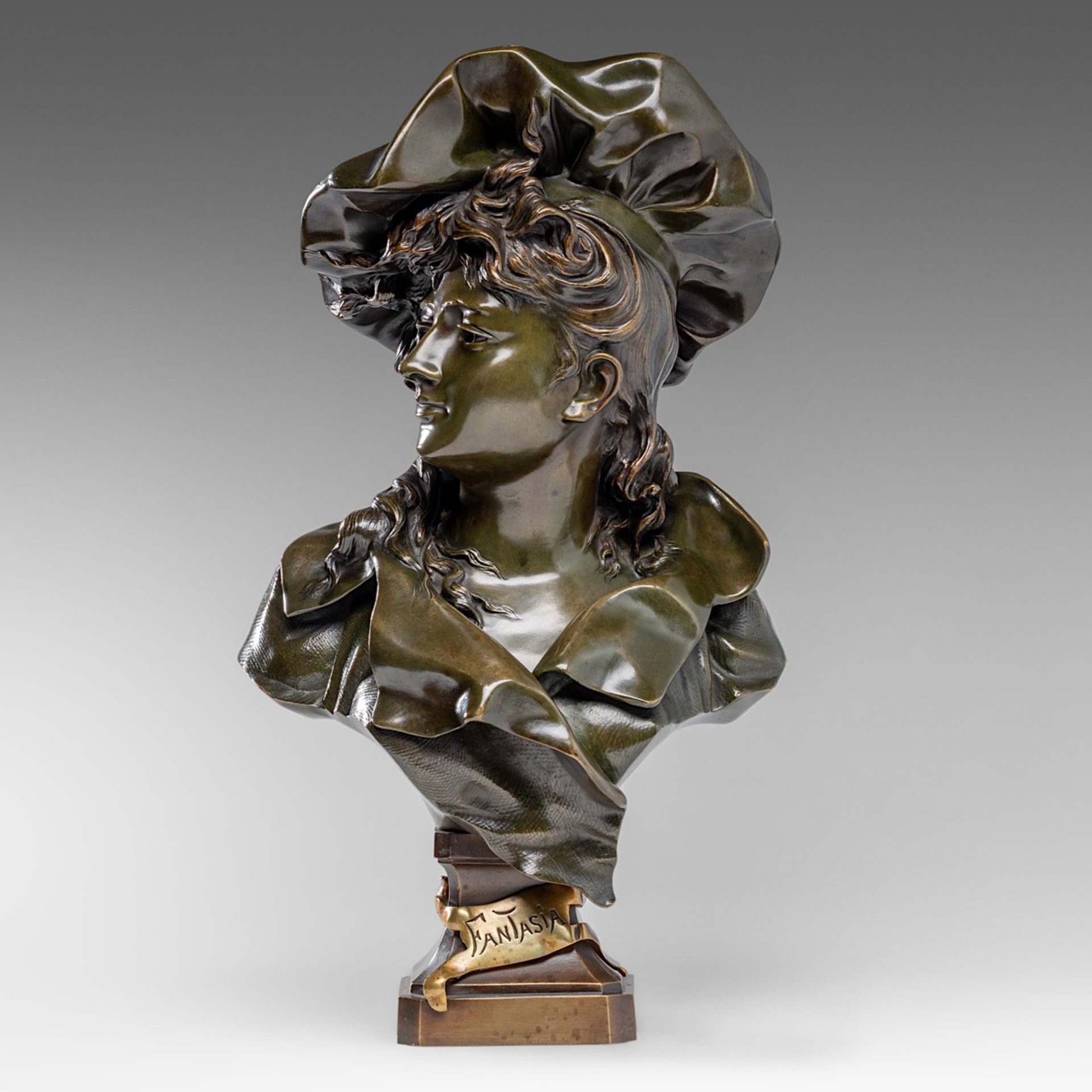 Anton Nelson (1849-1910), 'Fantasia', green patinated bronze bust, H 48 cm