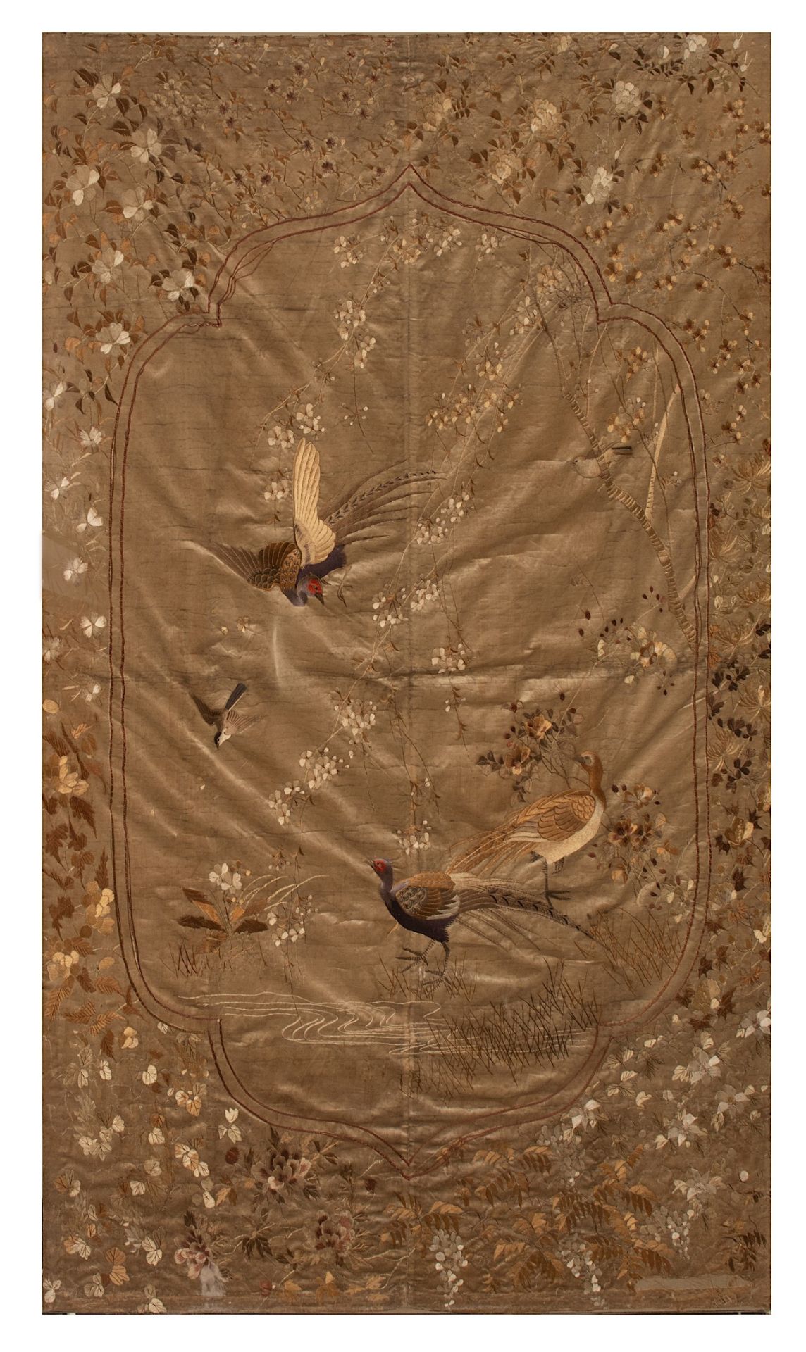 A large Chinese silk 'Pheasants' embroidery, fitted in a glass frame, 19thC, 160 x 114 cm