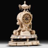 A delicately shaped and sculpted unique Nap. III period neoclassical ivory mantle clock, H 50 - W 37