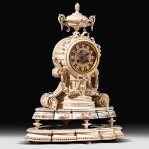 A delicately shaped and sculpted unique Nap. III period neoclassical ivory mantle clock, H 50 - W 37