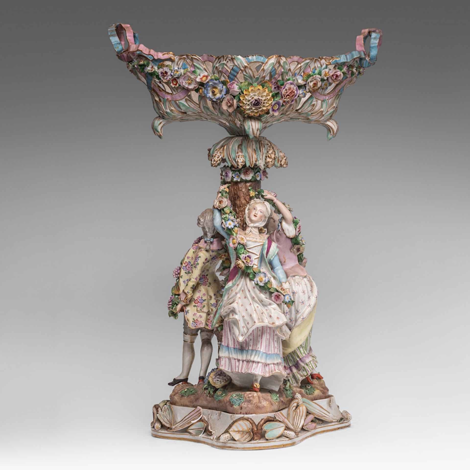 A large polychrome Meissen porcelain figural centrepiece, 19thC, marked, H 74,5 cm