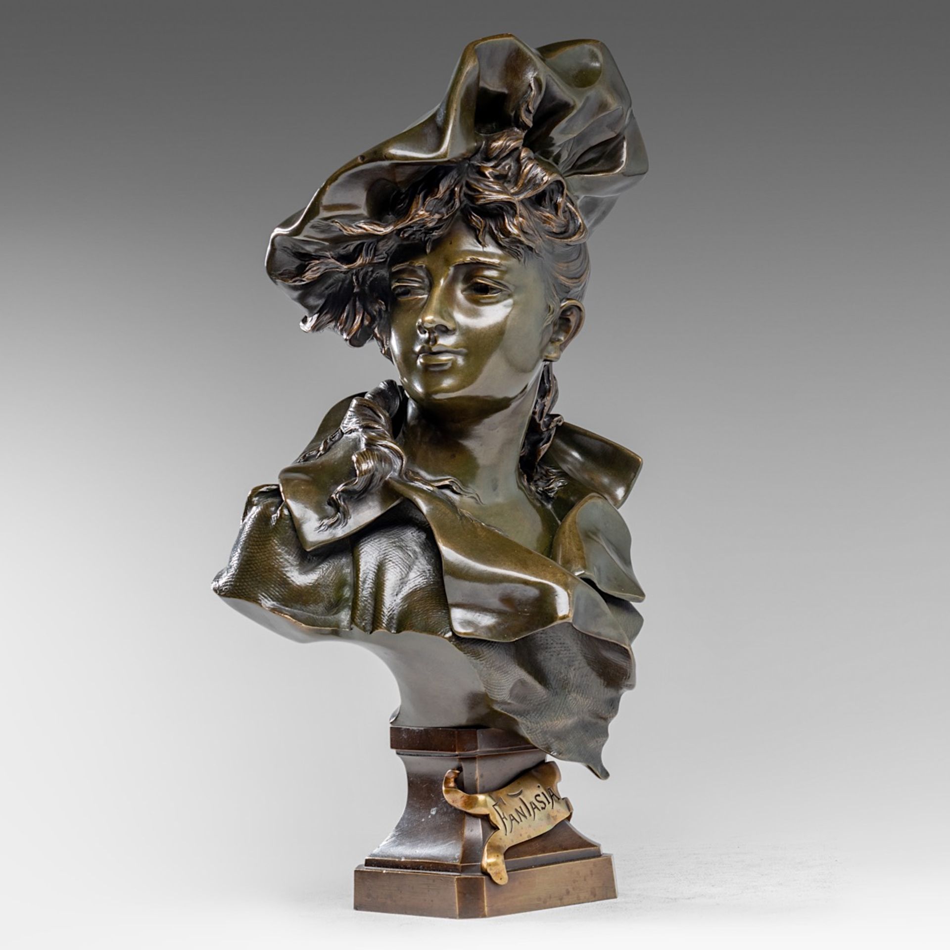 Anton Nelson (1849-1910), 'Fantasia', green patinated bronze bust, H 48 cm - Image 2 of 11
