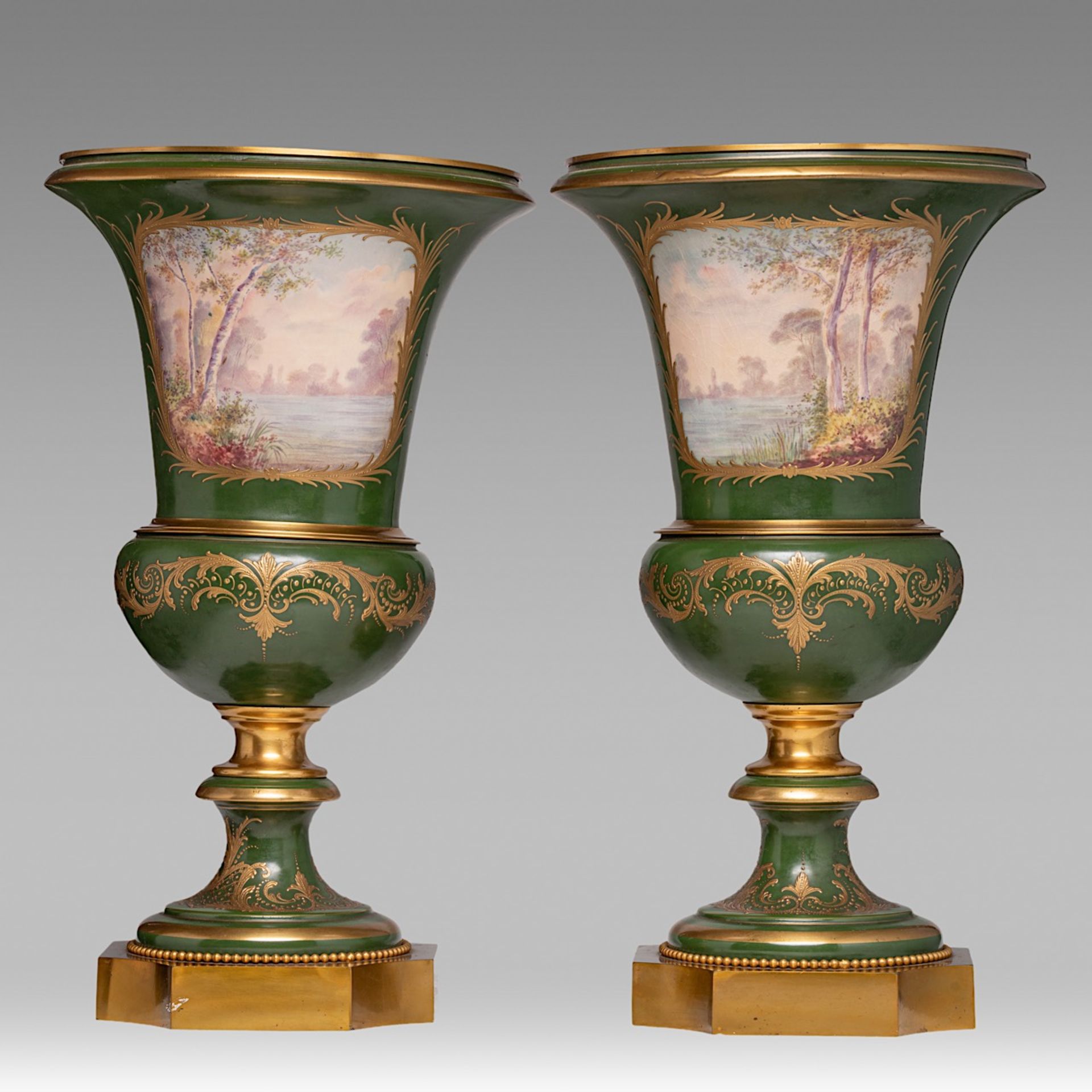 A pair of green ground Sevres type vases, decorated with hand-painted gallant scenes, H 56 cm - Bild 3 aus 6