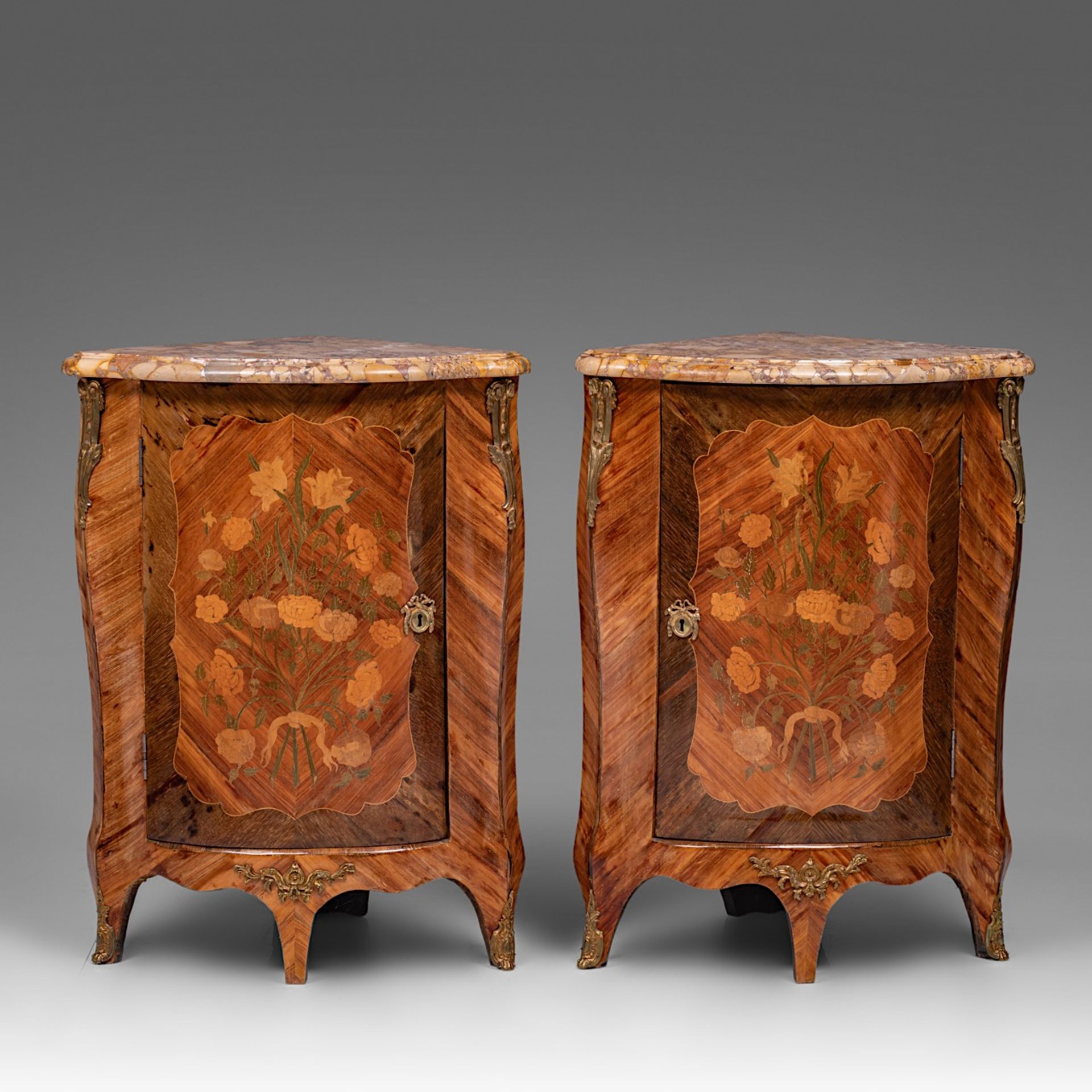 A fine pair of Louis XV 'encoignures' with floral marquetry and Breche d'Alep marble top, mid 18thC,