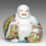 A Chinese famille jaune enamelled biscuit figure of a smiling Budai, 20thC, H 25 - L 28 cm