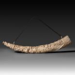 A 19th-century ivory hunting horn, last quarter 19th century, W 74,5 cm - 2850 g (+)