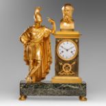 A fine Empire style mantle clock depicting Alcibiades leaning against the bust of Socrates, H 47 - W
