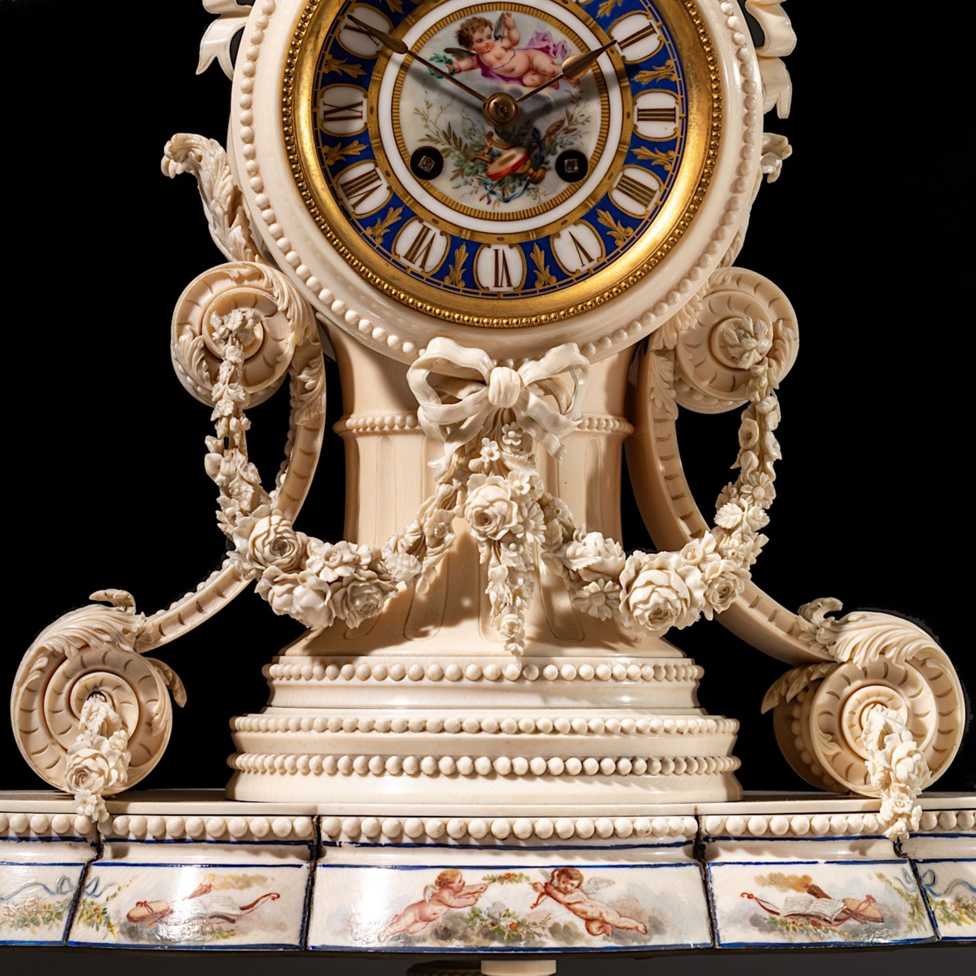 A delicately shaped and sculpted unique Nap. III period neoclassical ivory mantle clock, H 50 - W 37 - Image 10 of 14