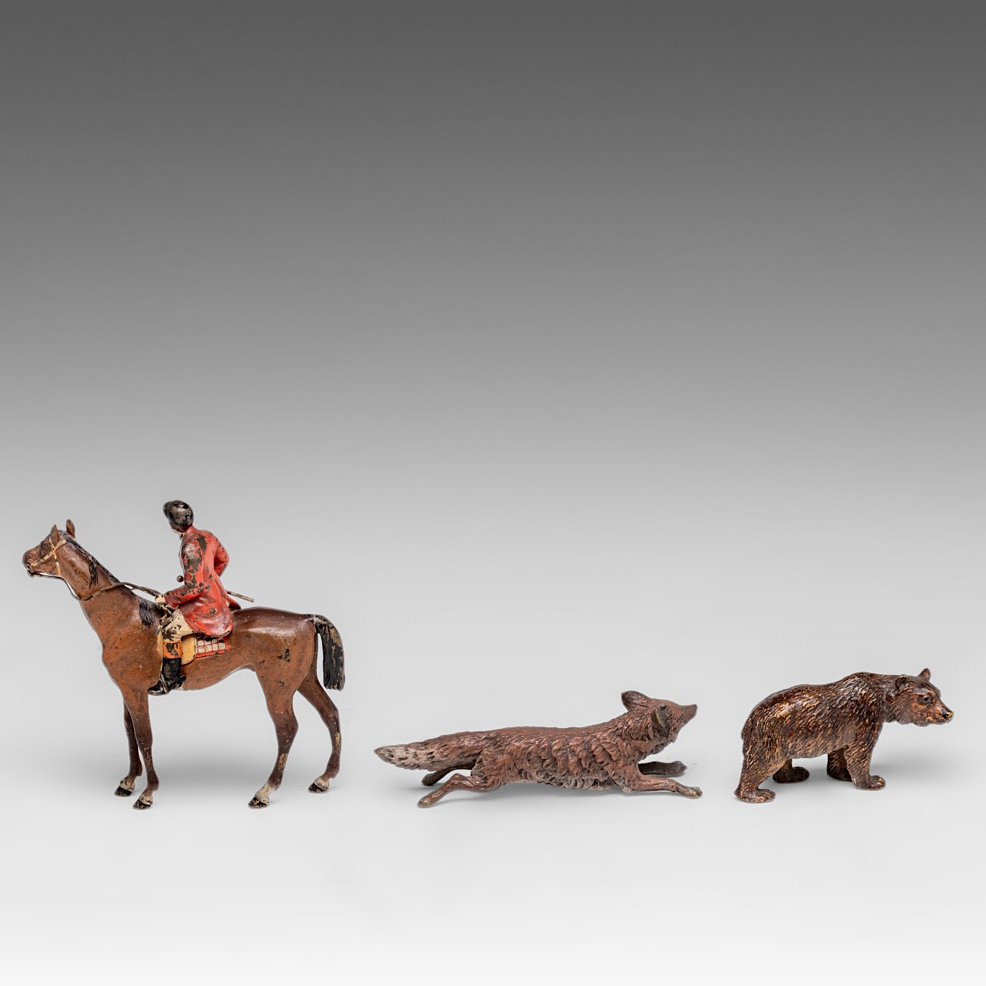 A collection of three Vienna cold-painted figures of a fox, a bear and a jockey, H 3,5 - 10,5 - W 8 - Image 4 of 5