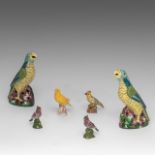 A collection of 6 faience and porcelain bird figurines, Delft, Meissen and others, H 20 cm (tallest)