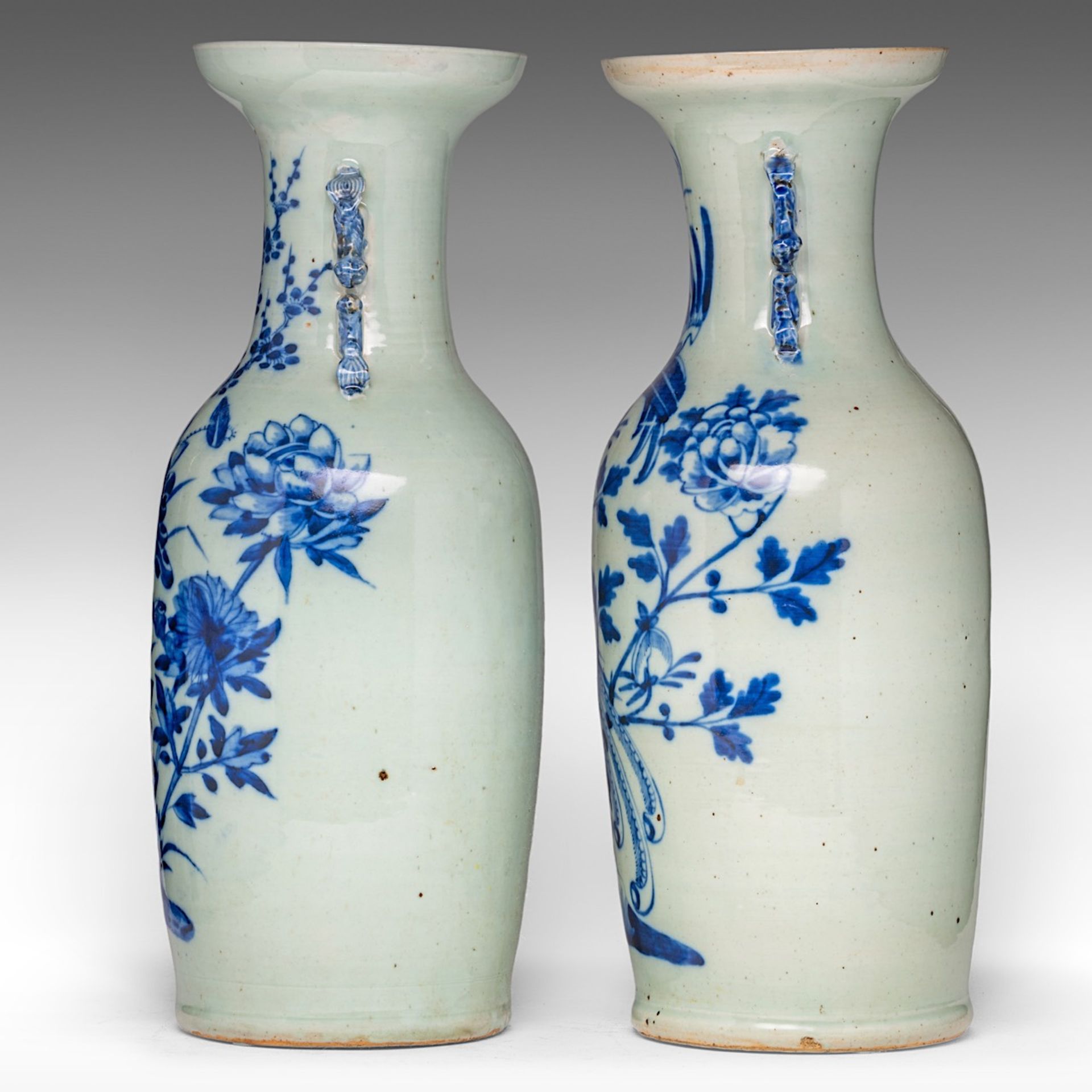 Four Chinese blue and white on celadon ground 'Flowers and birds' vases, late 19thC, H 57 - 58 cm - Image 3 of 13