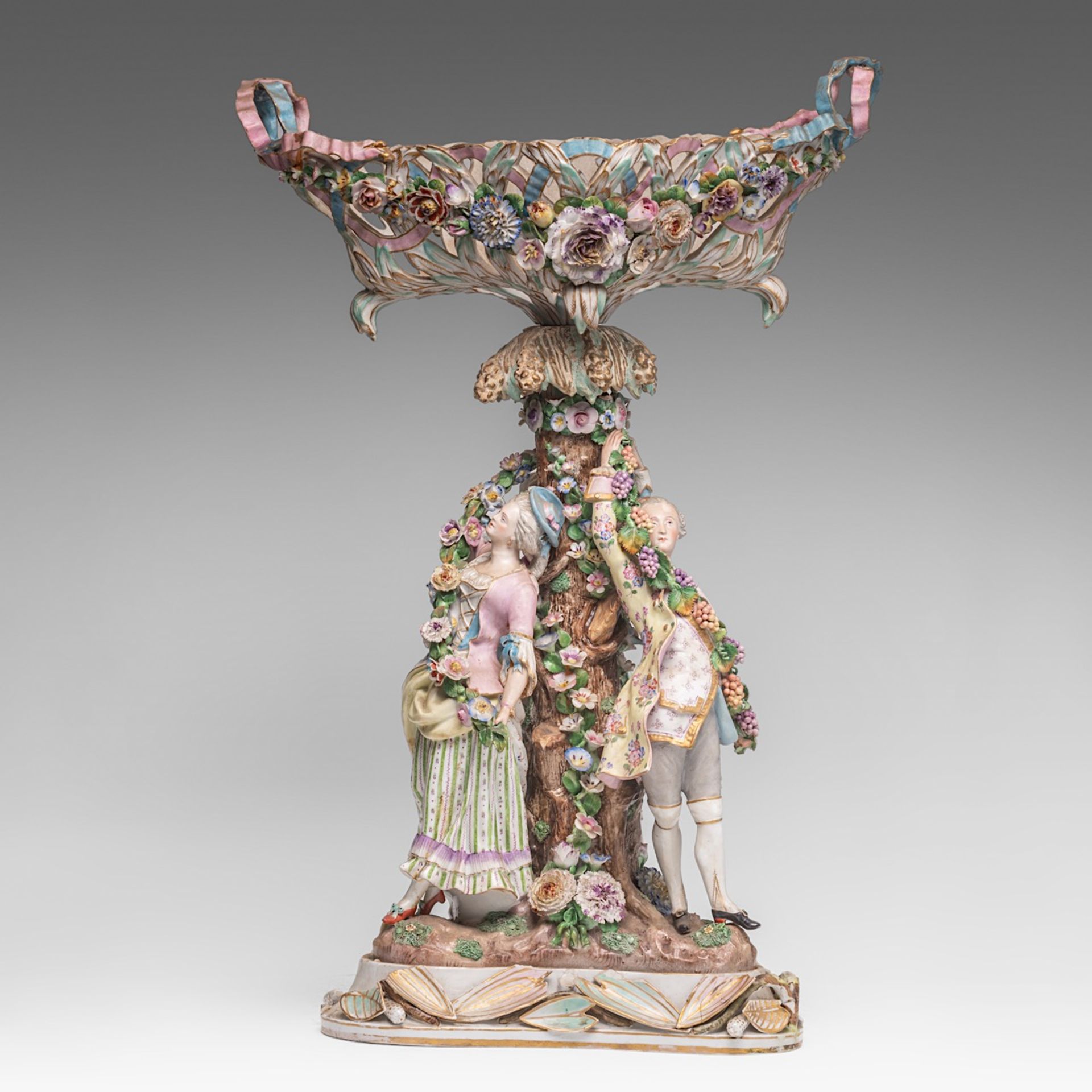 A large polychrome Meissen porcelain figural centrepiece, 19thC, marked, H 74,5 cm - Bild 2 aus 4