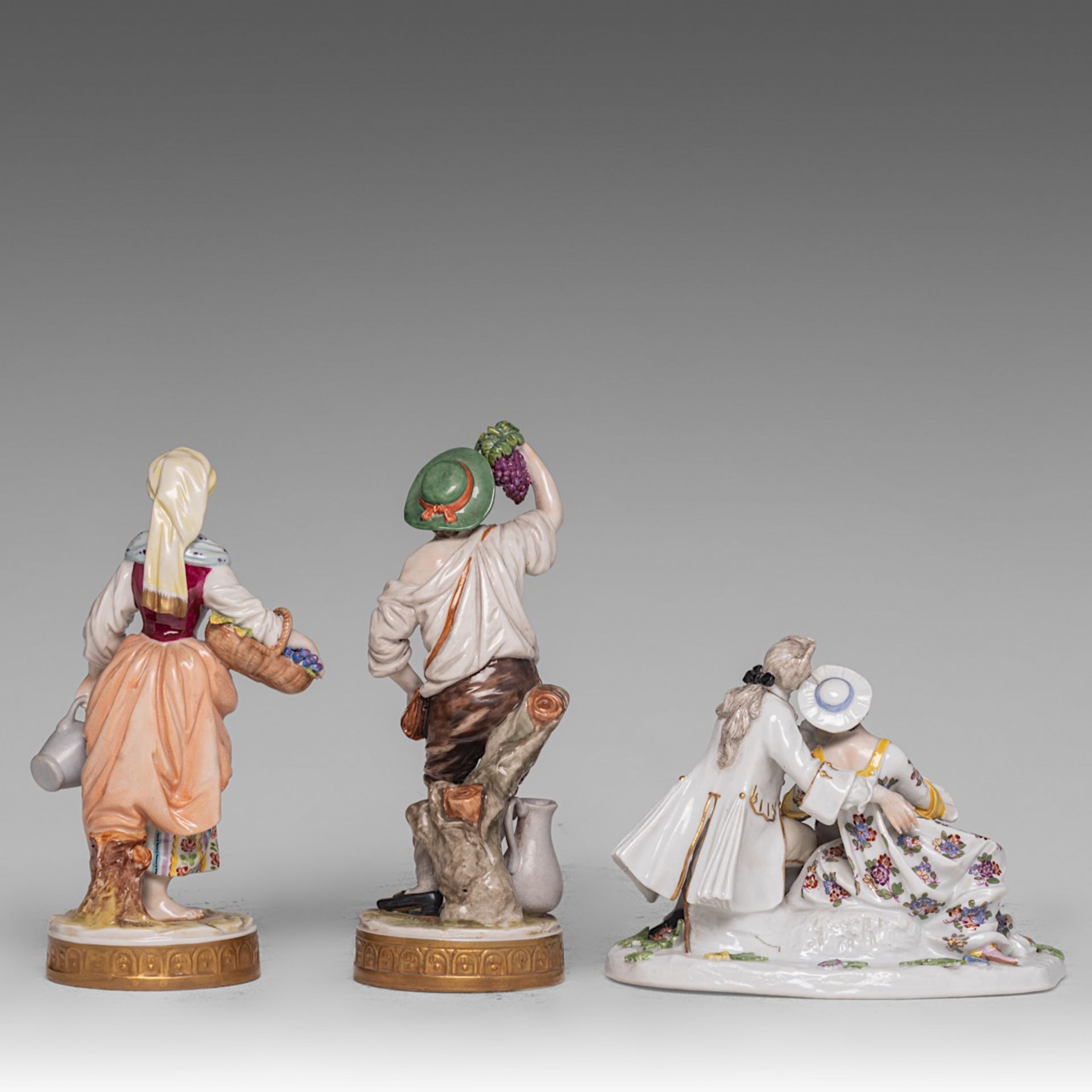 A collection of polychrome decorated Saxon porcelain figurines and a candelabra, H 51,5 cm (tallest) - Image 8 of 13