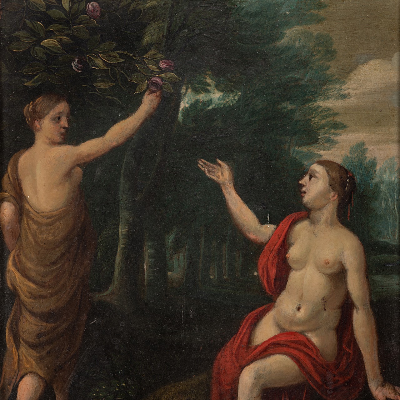 Two female Antique figures in a wooded landscape, Antwerp School, 17thC, oil on copper 21 x 16 cm. ( - Image 4 of 5