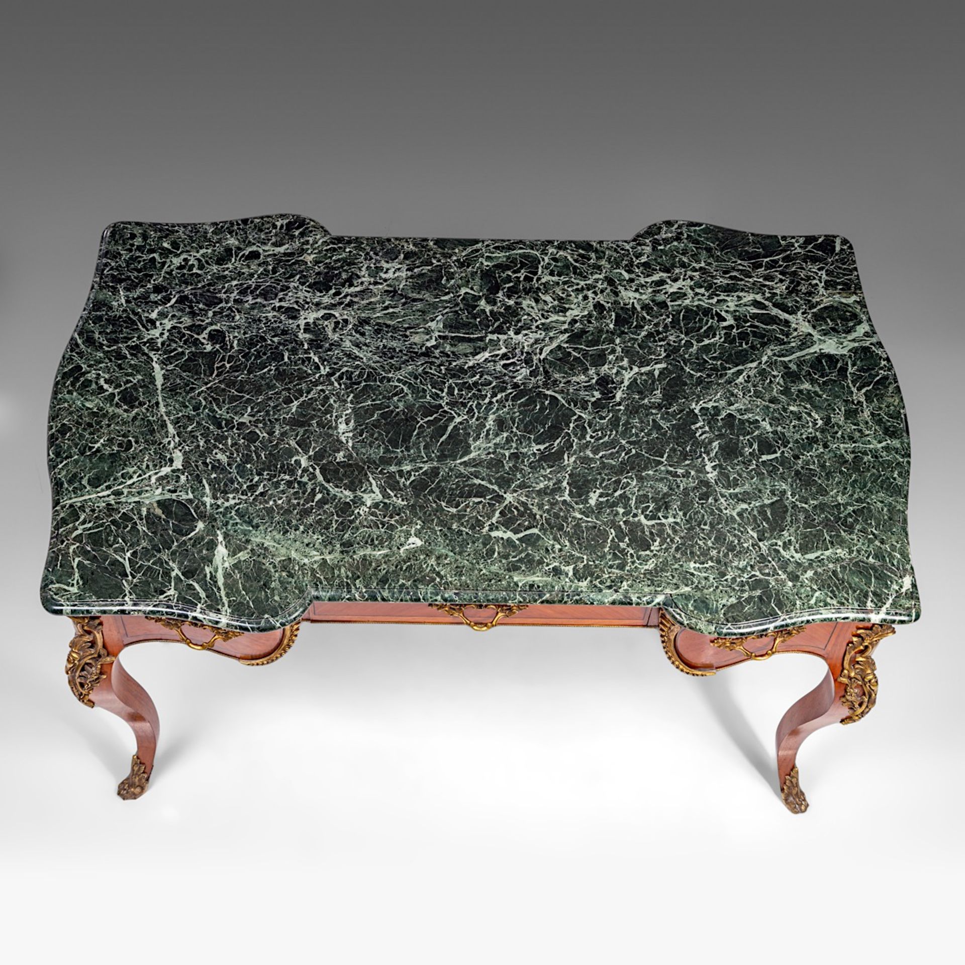 A Louis XV style 'bureau plat', with gilt bronze mounts and vert de mer marble top, H 76 - W 138 - D - Image 8 of 8