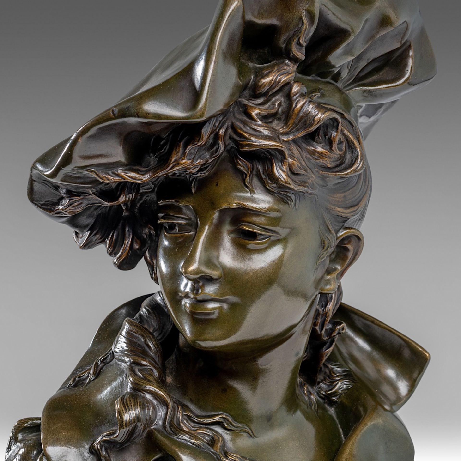 Anton Nelson (1849-1910), 'Fantasia', green patinated bronze bust, H 48 cm - Image 9 of 11