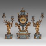 A fine Neoclassical gilt bronze and cloissonne three piece mantle clock set, signed Anthony Bailly,