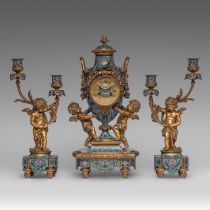 A fine Neoclassical gilt bronze and cloissonne three piece mantle clock set, signed Anthony Bailly,