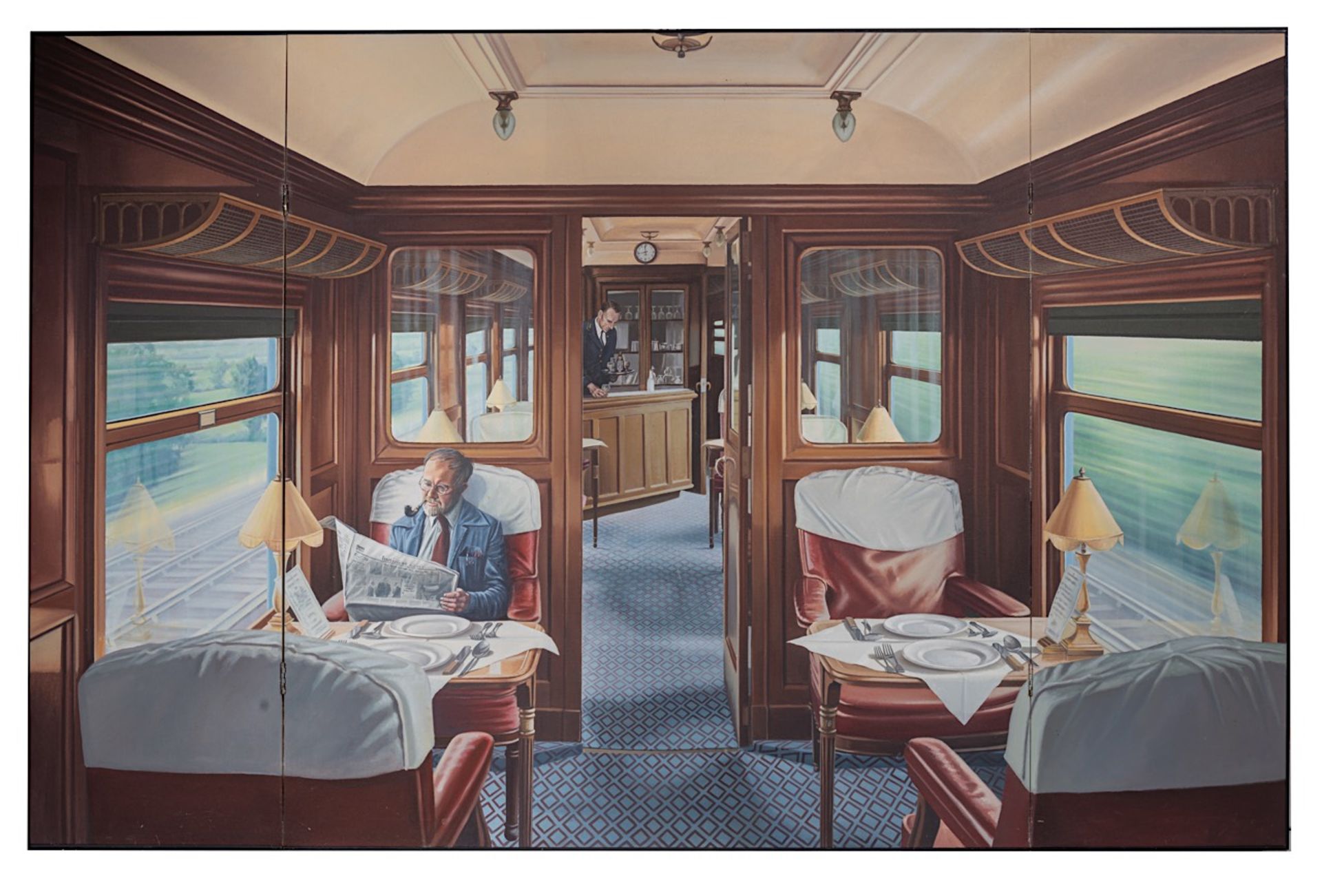 Giles Winter (1947), triptych of the interior of a train compartment, 1980, oil on canvas, 136 x 122