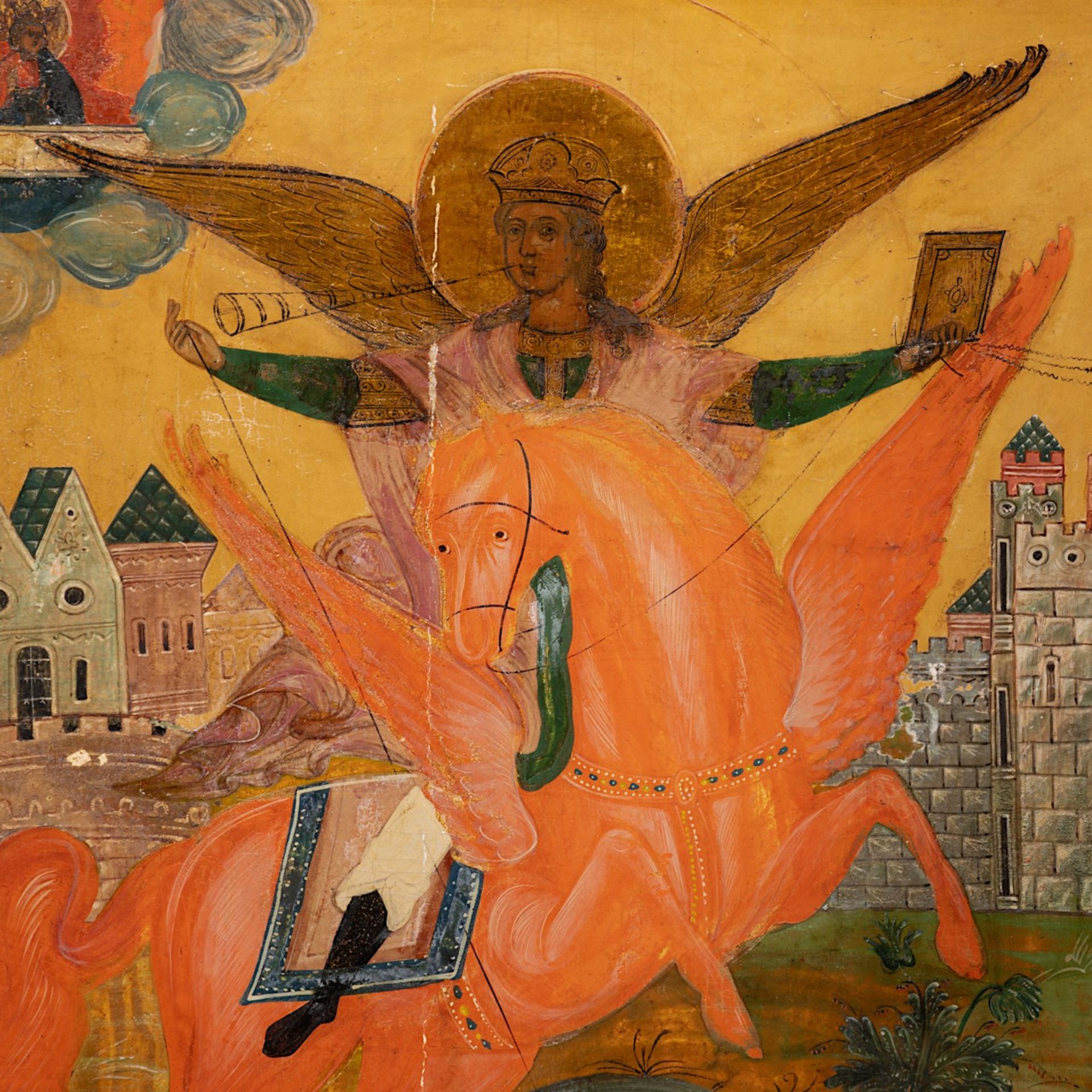 Russian Icon, Archangel Michael slaying the dragon, tempera on wood, 19thC, 53 x 46 cm - Bild 3 aus 4