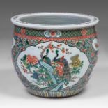 A large Chinese famille verte 'Birds in flower garden' fish bowl, late 19thC/Republic period, H 46 -