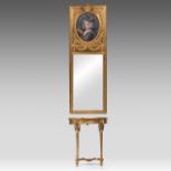 A Neoclassical giltwood console table and trumeau mirror, H 260 (total) - W 60 cm