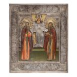 Russian Icon, representing two apostles and the virgin Mary in a silver plated reza, 19thC, 31 x 26
