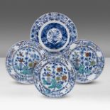 Three Chinese doucai 'Flower garden' dishes and a blue and white plate, Kangxi period, dia 22,5 - 25