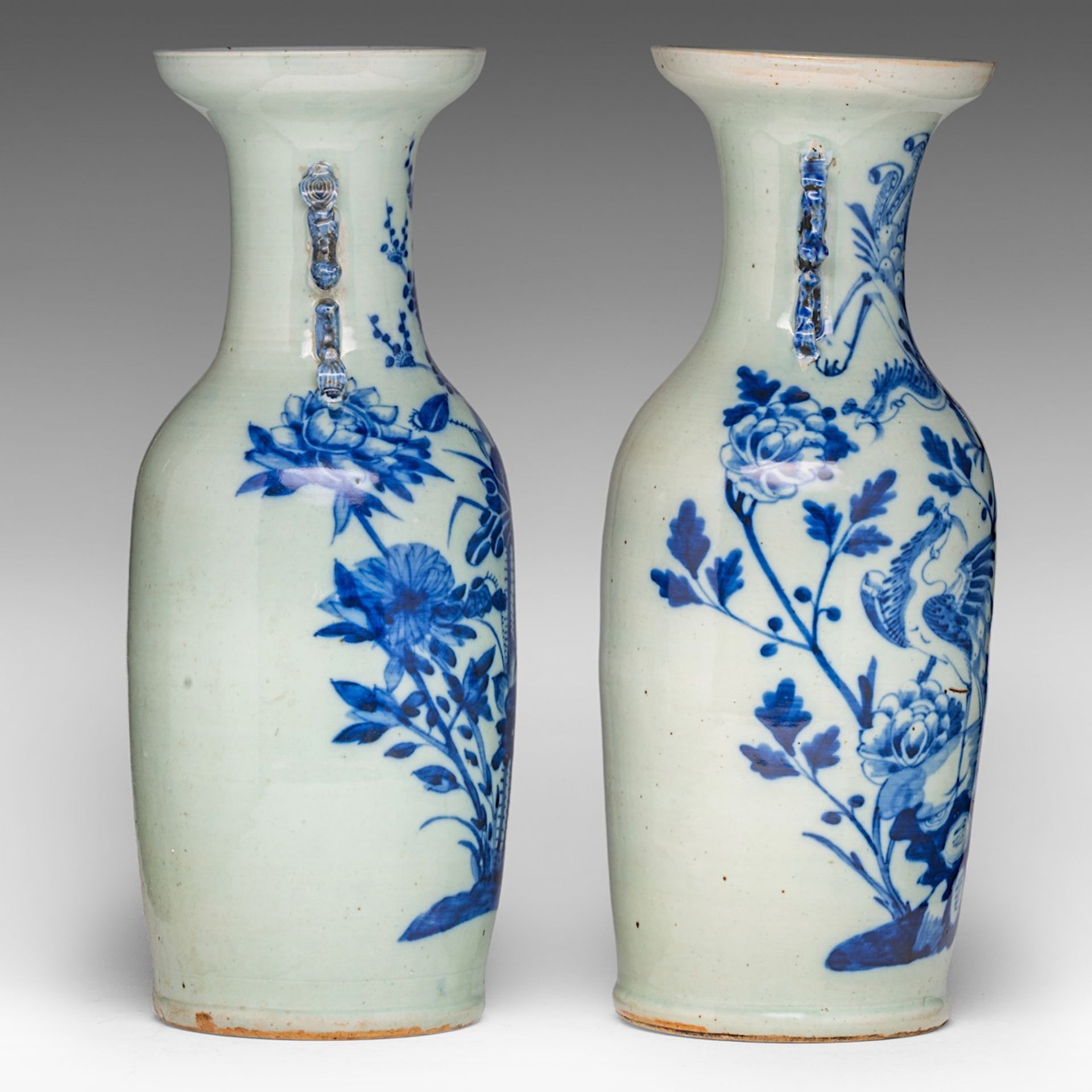 Four Chinese blue and white on celadon ground 'Flowers and birds' vases, late 19thC, H 57 - 58 cm - Image 5 of 13