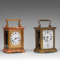 Two 19thC striking travel clocks, brass and marble, H 11 cm