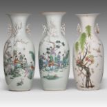 Three Chinese famille rose vases, signed text, Republic period, H 57,5 - 59,5 cm