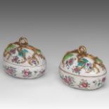 A pair of European porcelain copies of Chinese famille rose squash-shaped trompe l'oeil boxes with c