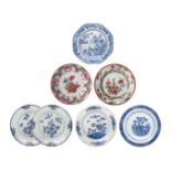 A collection of seven Chinese blue and white, and famille rose dishes, 18thC, dia 21 cm