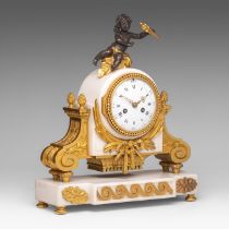 A fine Louis XVI style Carrara marble and gilt bronze mantle clock, 19thC, H 44 - W 37,5 cm