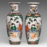A pair of Chinese famille verte 'Ladies in a garden' vases, Guangxu/ Republic period, H 46,5 cm