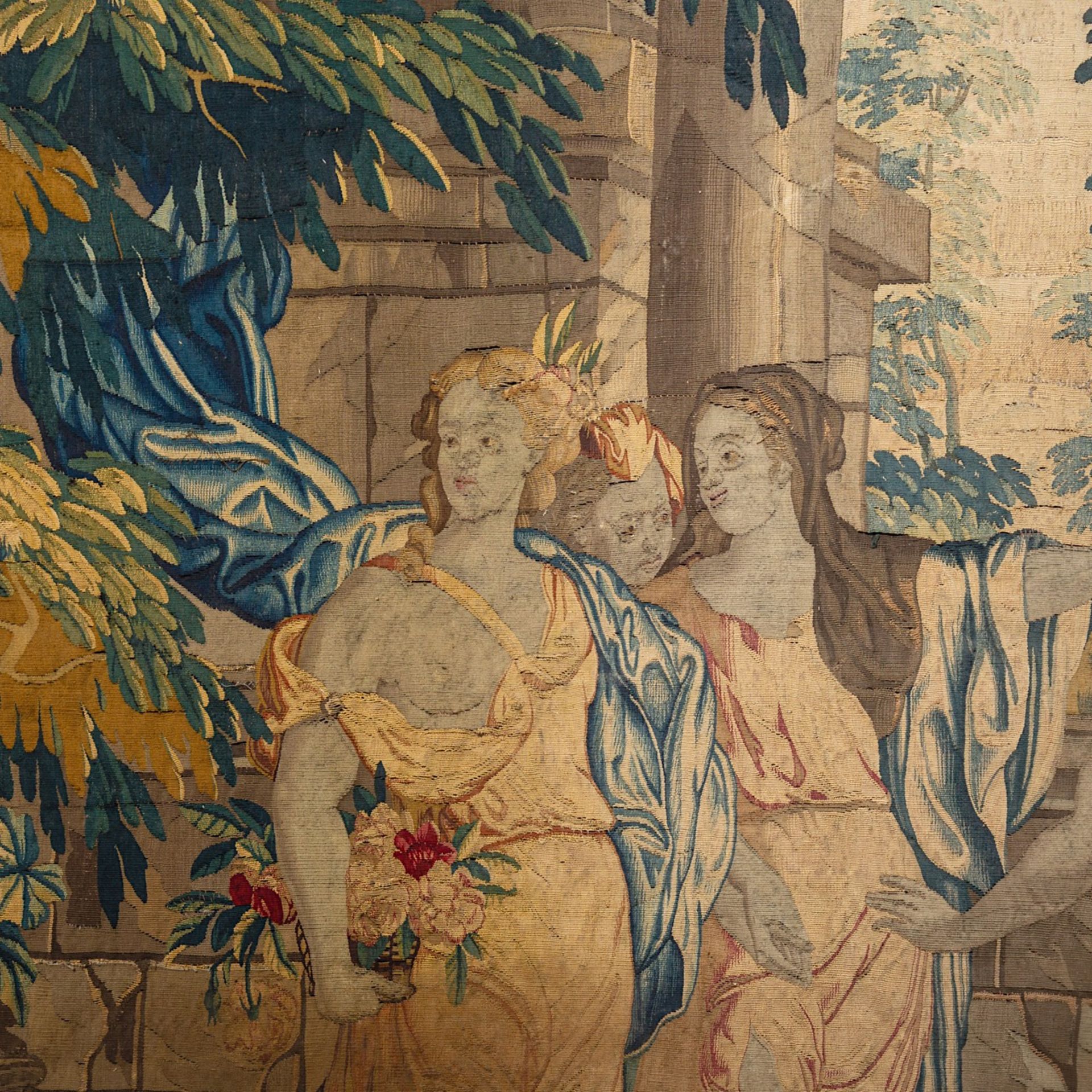 A 17th/18thC Flemish wall tapestry, 'The love of Mercury and Herse', H 239 - W 455 cm - Image 8 of 10