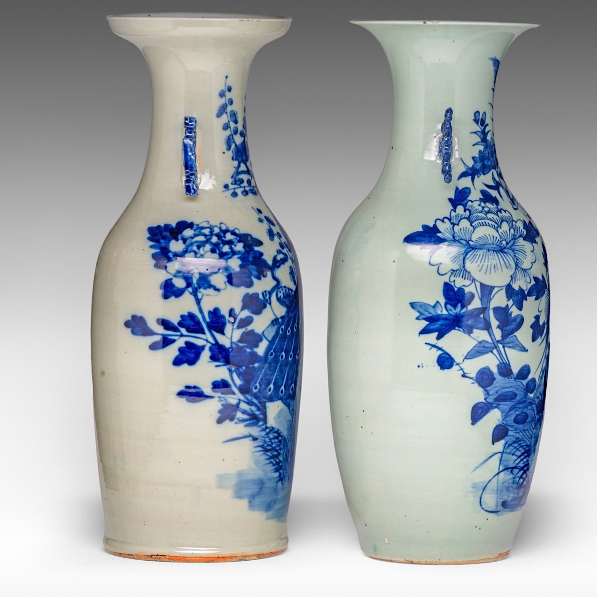 Four Chinese blue and white on celadon ground 'Flowers and birds' vases, late 19thC, H 57 - 58 cm - Image 9 of 13