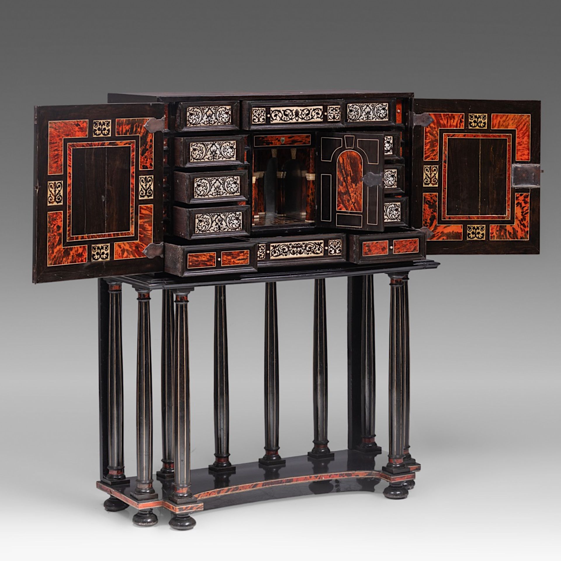 A 17thC Flemish Antwerp ebony, ivory and tortoiseshell cabinet-on-stand, H 137 cm (total) (+) - Image 9 of 9