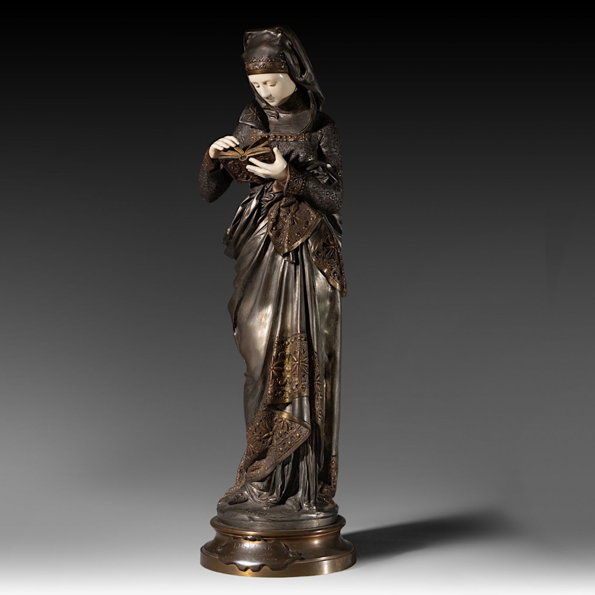 Carrier Belleuse Albert-Ernest (1824-1887), 'Liseuse', bronze and ivory, H 60 cm (+) - Image 2 of 9