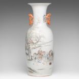 A Chinese Qianjiangcai vase, paired with lingzhi handles, with signed texts, Republic period, H 60 c