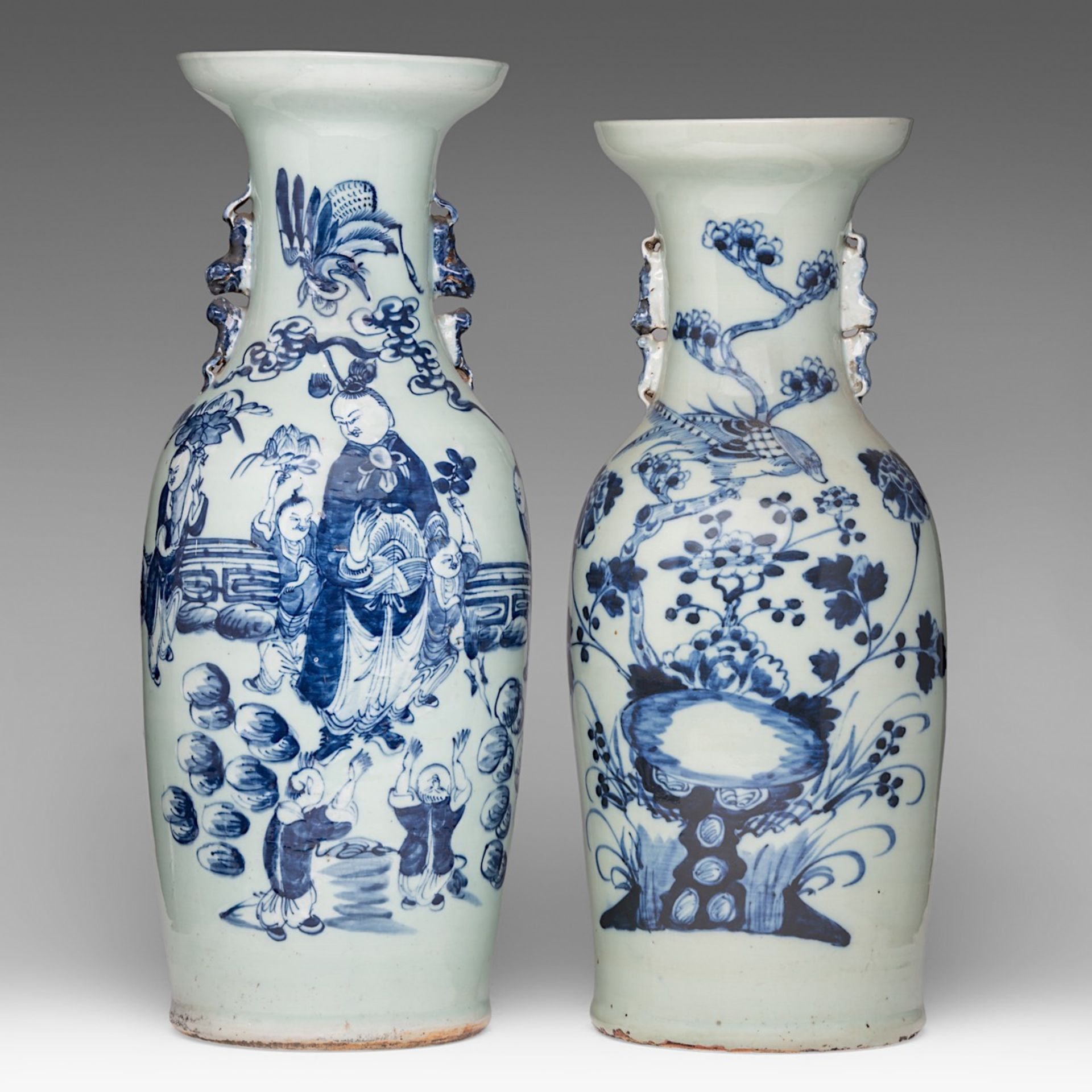 Four Chinese blue and white on celadon ground vases, including one decorated with figures, 19thC, H - Image 2 of 13