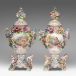 A pair of Saxony flower vases with hand-painted roundels of gallant couples, marked Dresden, H 47 cm