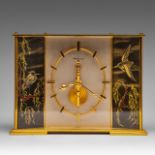 A Jaeger LeCoultre glass and brass table clock, with Japonisme decoration of birds, H 15 - W 20,5 cm