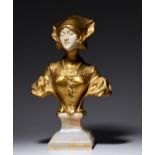 A chryselephantine bust of a lady in historical dress, ca 1900, H 27,5 cm (with base) (+)